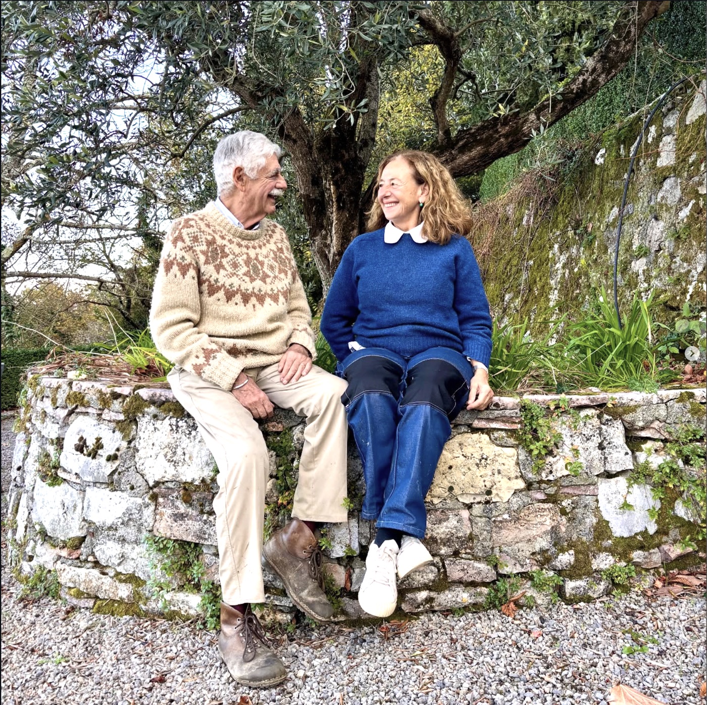 Gioacchino and Cristina sitting on the stone wall beneath the olive tree their parents planted in 1962